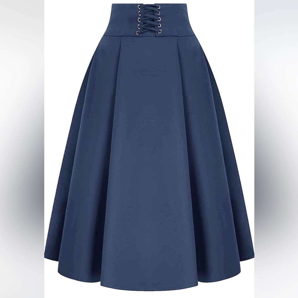 Women's High Waist Retro Vintage Lace Up Midi Skirts with Pocket Zipper A-line